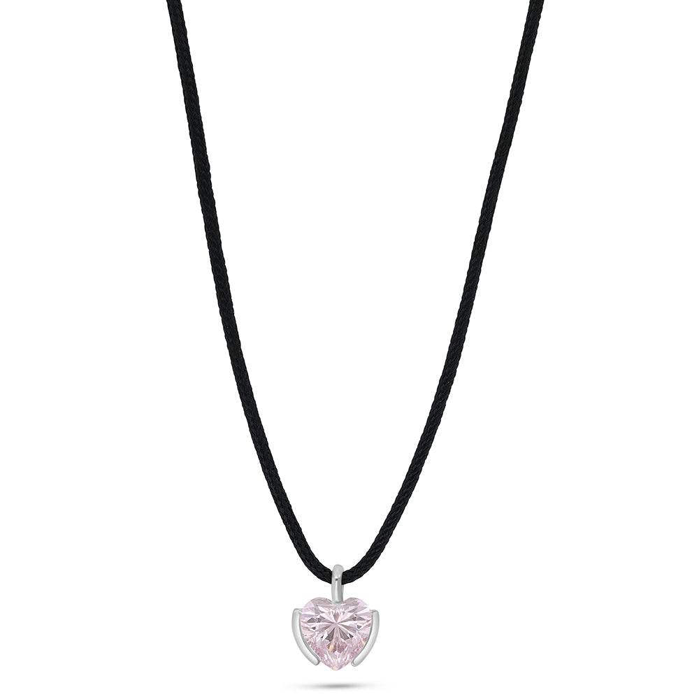 Sterling Silver 925 Necklace Rhodium Plated Embedded With Pink Zircon and Black cloth chain