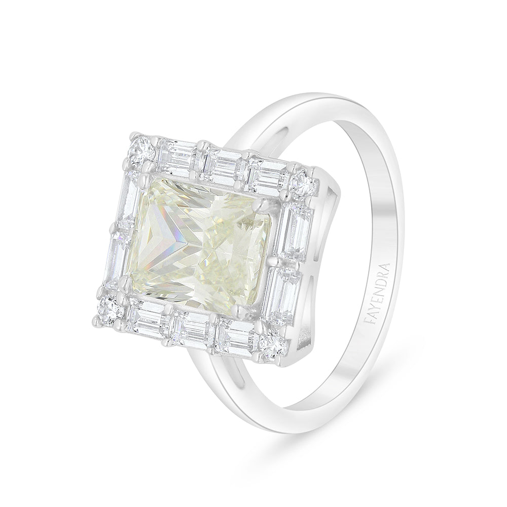 Sterling Silver 925 Ring Rhodium Plated Embedded With Yellow Diamond And White Zircon