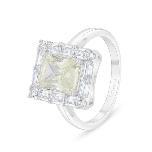 Sterling Silver 925 Ring Rhodium Plated Embedded With Yellow Diamond And White Zircon