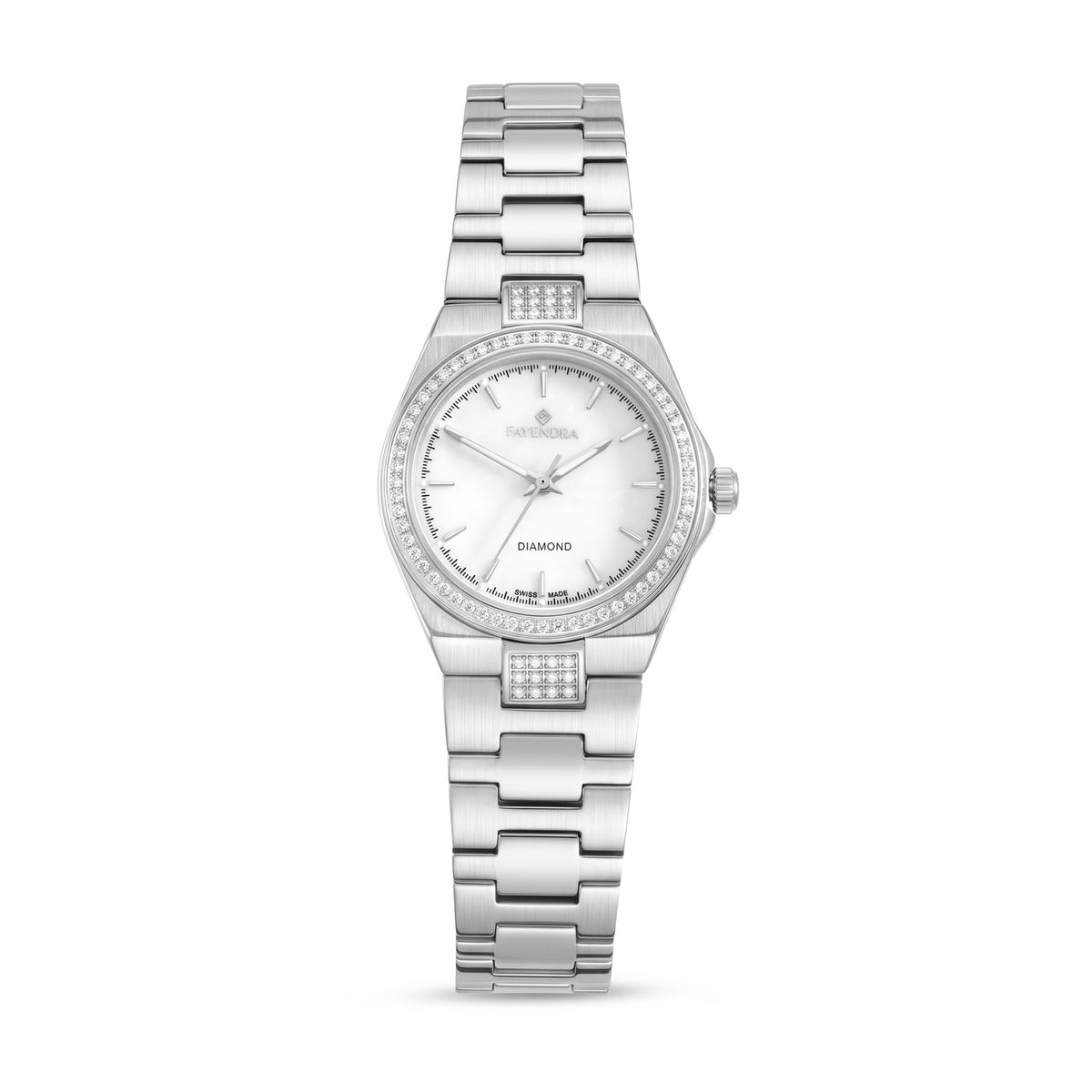 Stainless Steel 316L Watch Silver Color Embedded With CVD Diamonds - WHITE MOP DIAL