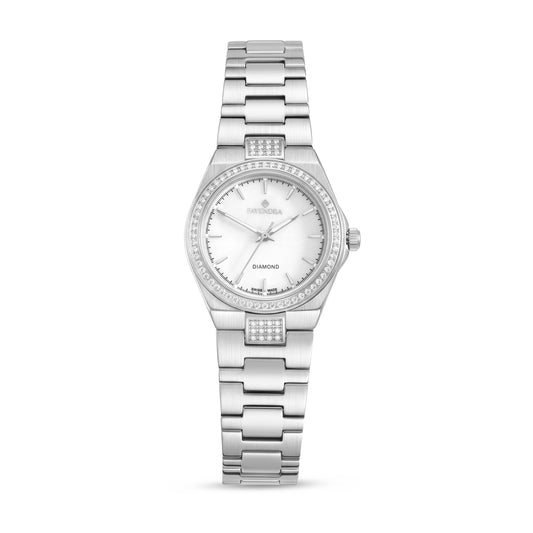 Stainless Steel 316L Watch Silver Color Embedded With CVD Diamonds - WHITE MOP DIAL
