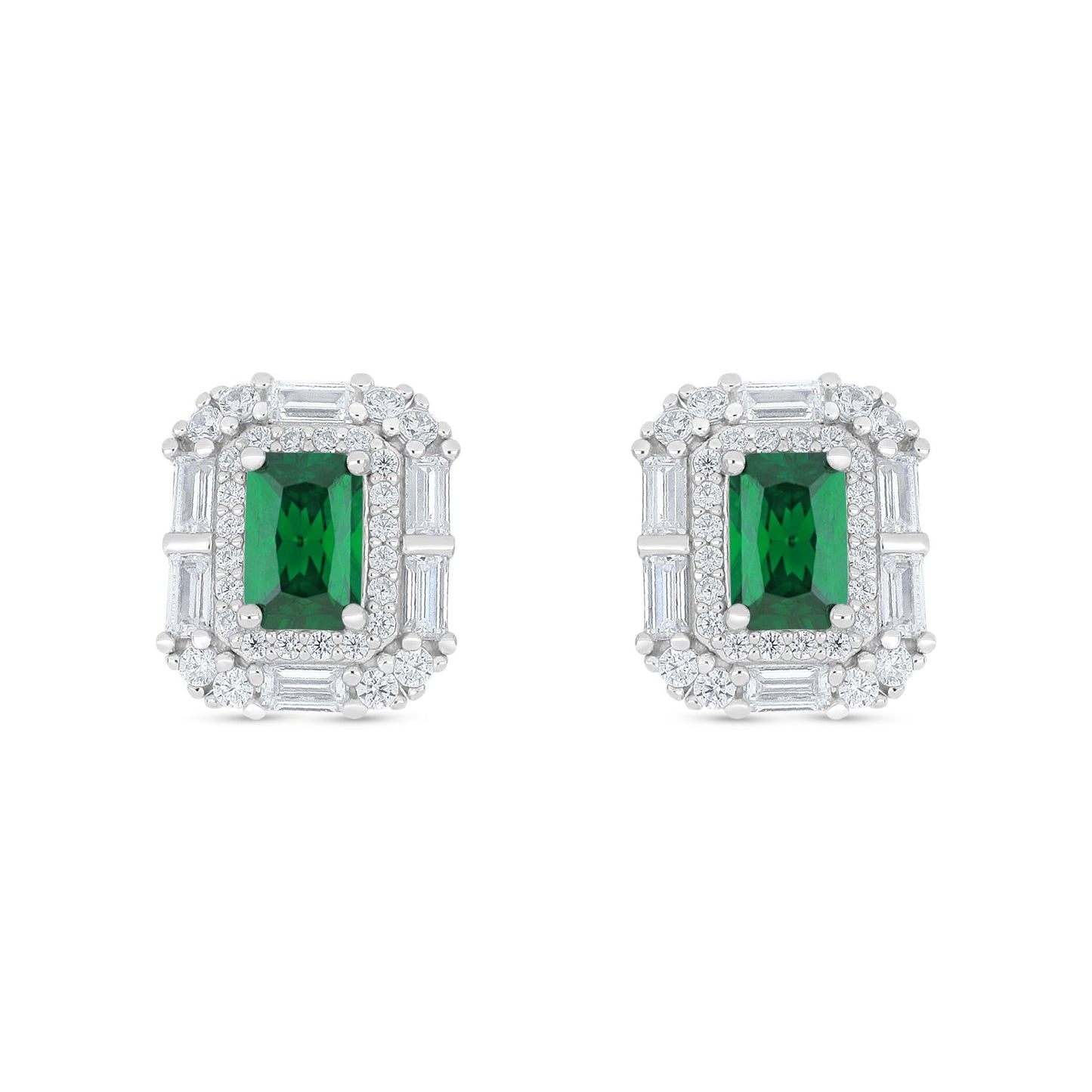 Sterling Silver 925 Earring Rhodium Plated Embedded With Emerald Zircon And White Zircon