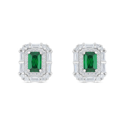 Sterling Silver 925 Earring Rhodium Plated Embedded With Emerald Zircon And White Zircon
