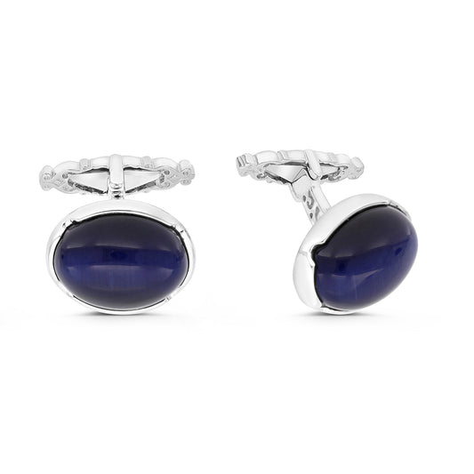 Sterling Silver 925 Cufflink Rhodium And Black Plated Embedded With Blue Tiger Eye