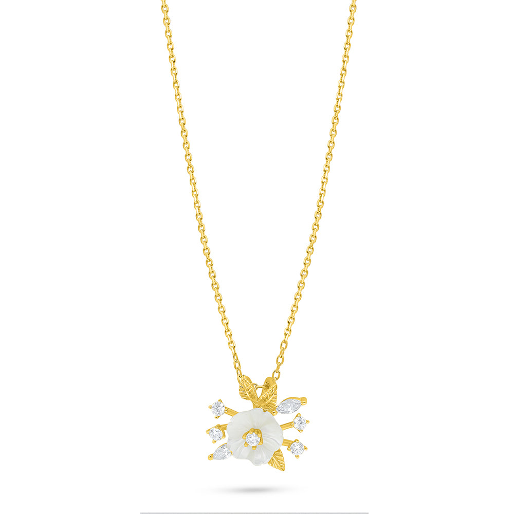 Sterling Silver 925 Necklace Golden Plated Embedded With White Shell And White Zircon