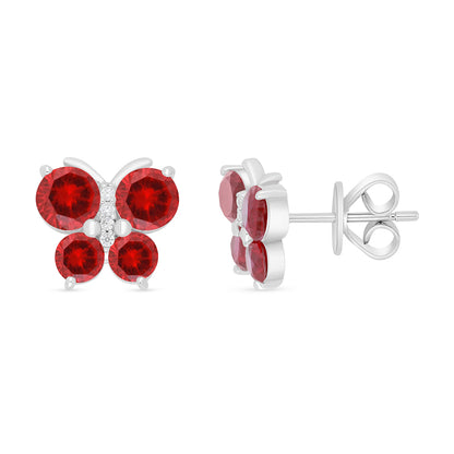 Sterling Silver 925 Earring Rhodium Plated Embedded With Ruby Corundum And White Zircon