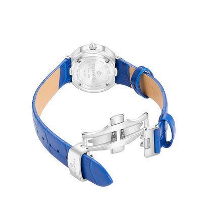 Stainless Steel 316L Watch Silver Color Blue Leather And White Zircon - BLUE MOP DIAL