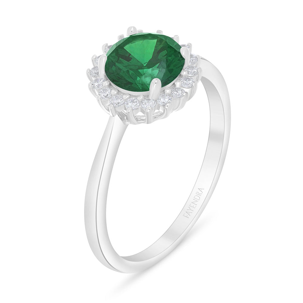 Sterling Silver 925 Ring Rhodium Plated Embedded With Emerald Zircon And White Zircon