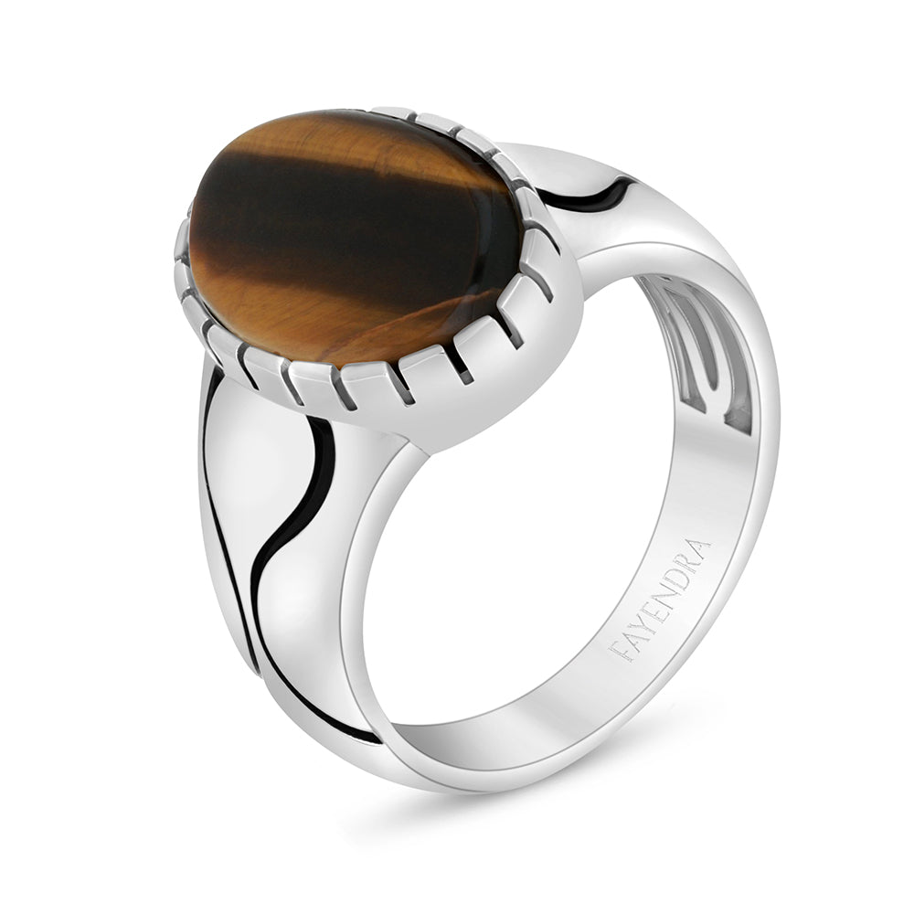 Sterling Silver 925 Ring Rhodium And Black Plated Embedded With Cabochon Yellow Tiger Eye For Men