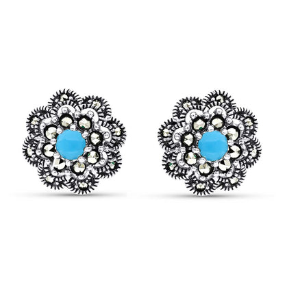 Sterling Silver 925 Earring Embedded With Natural Processed Turquoise And Marcasite Stones