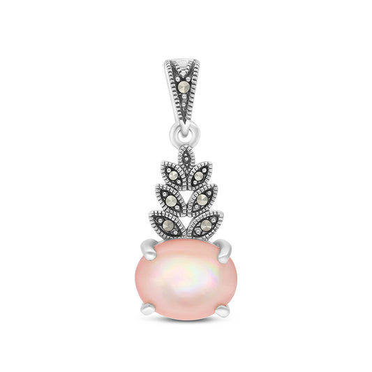Sterling Silver 925 Pendant Embedded With Natural Pink Shell And Marcasite Stones