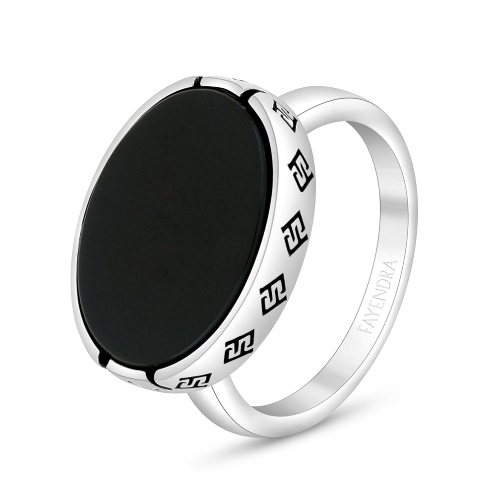 Sterling Silver 925 Ring Rhodium And Black Plated Embedded With Black Agate For Men