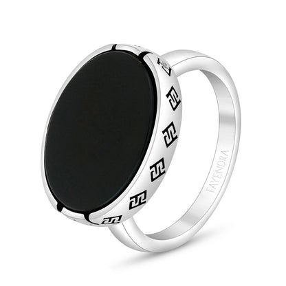 Sterling Silver 925 Ring Rhodium And Black Plated Embedded With Black Agate For Men