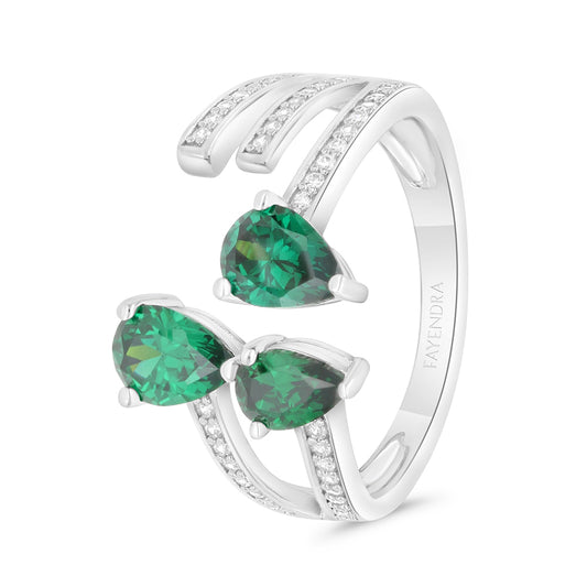 Sterling Silver 925 Ring Rhodium Plated Embedded With Emerald Zircon And White CZ