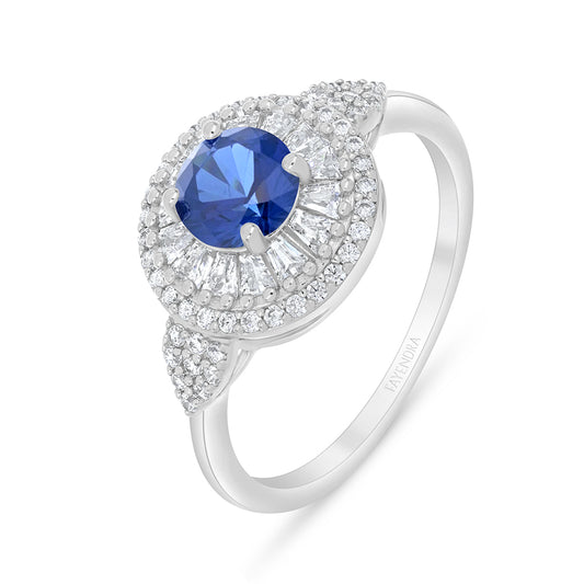 Sterling Silver 925 Ring Rhodium Plated Embedded With Sapphire Corundum And White Zircon