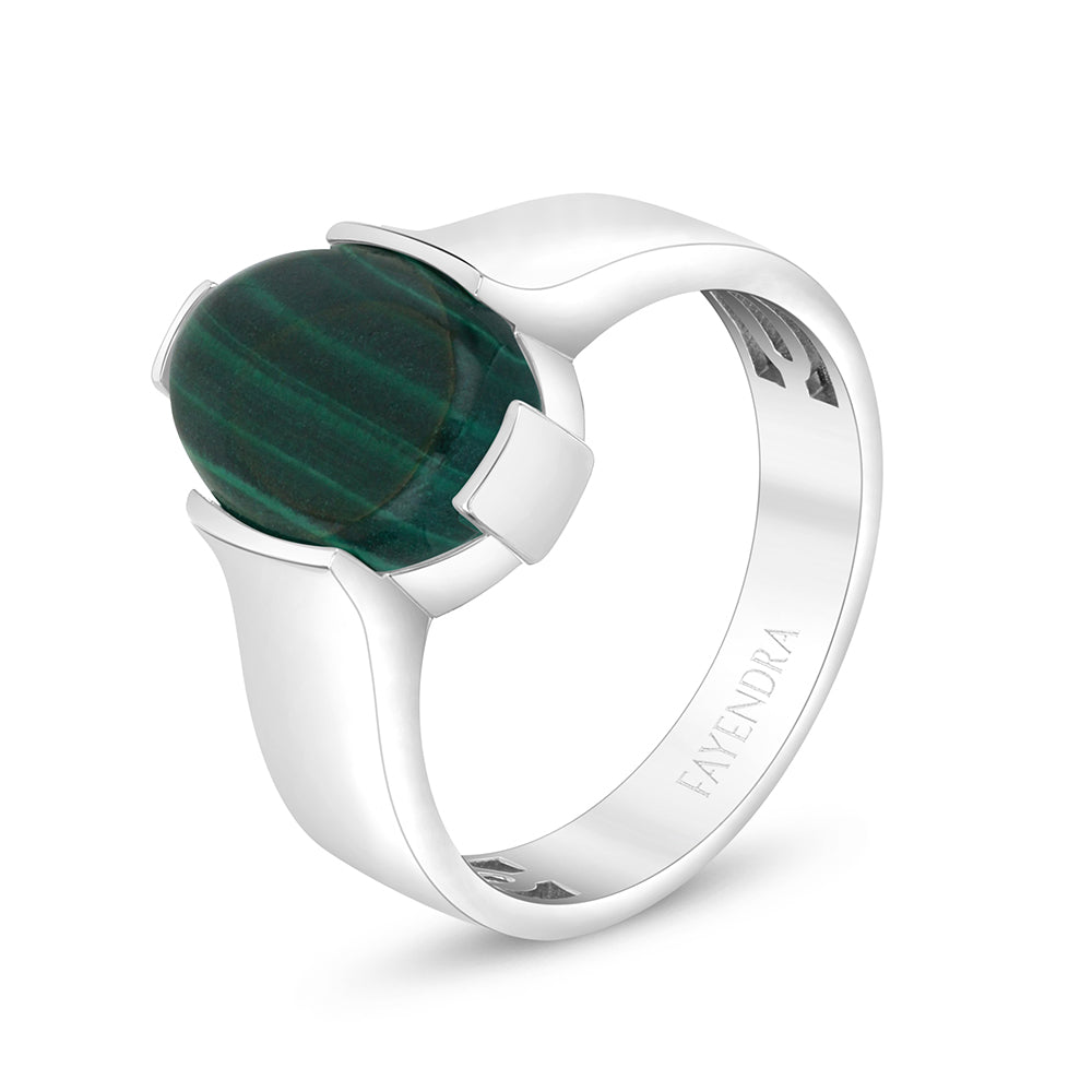 Sterling Silver 925 Ring Rhodium Plated Embedded With Cabochon Malachite For Men