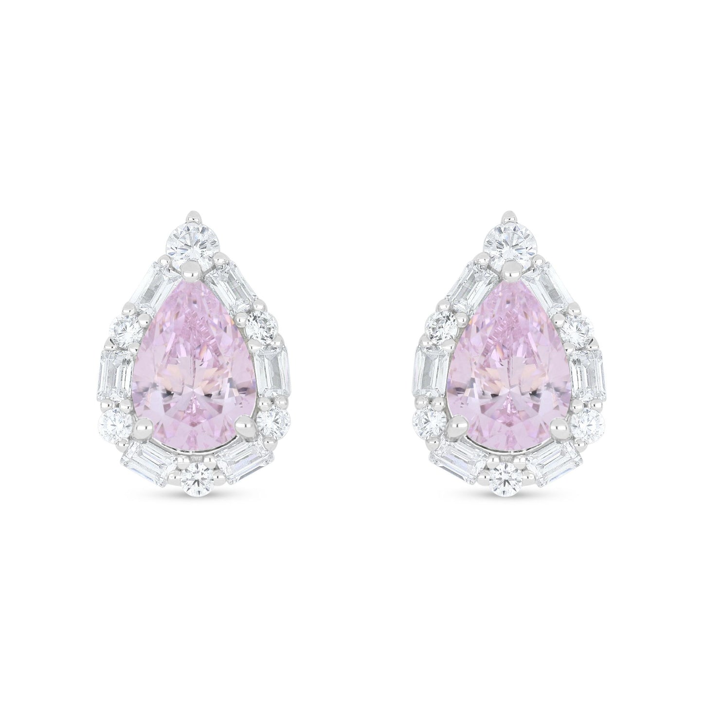 Sterling Silver 925 Earring Rhodium Plated Embedded With Pink Zircon And White Zircon