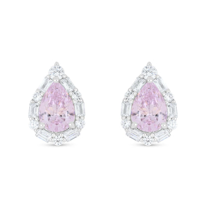 Sterling Silver 925 Earring Rhodium Plated Embedded With Pink Zircon And White Zircon