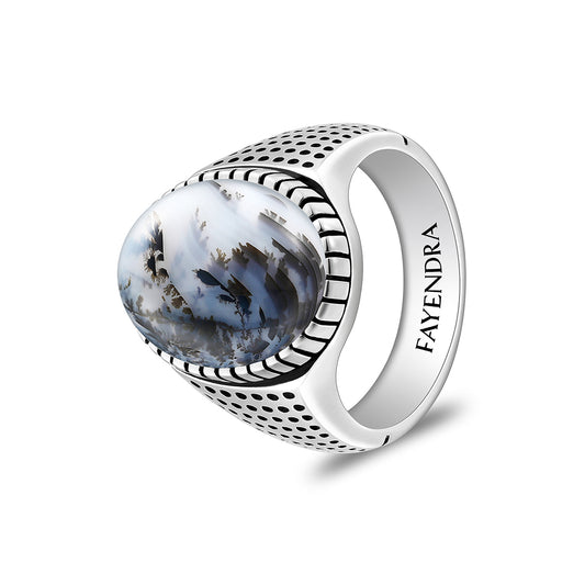 Sterling Silver 925 Ring Rhodium And Black Plated Embedded With Cabochon Natural Agate For Men