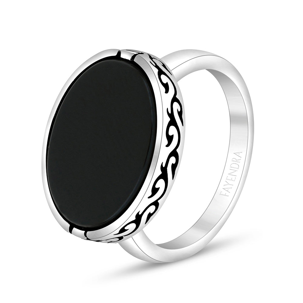 Sterling Silver 925 Ring Rhodium And Black Plated Embedded With Black Agate For Men