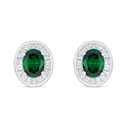 Sterling Silver 925 Earring Rhodium Plated Embedded With Emerald Zircon And White Zircon