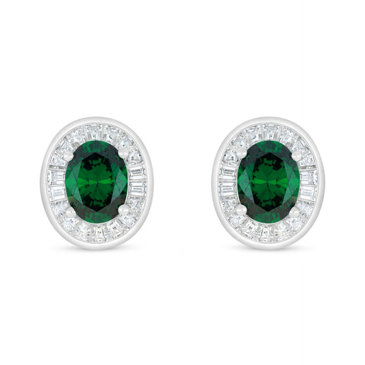 Sterling Silver 925 Earring Rhodium Plated Embedded With Emerald Zircon And White Zircon