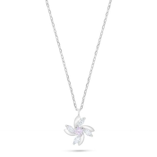 Sterling Silver 925 Necklace Rhodium Plated Embedded With Pink Zircon And White Zircon