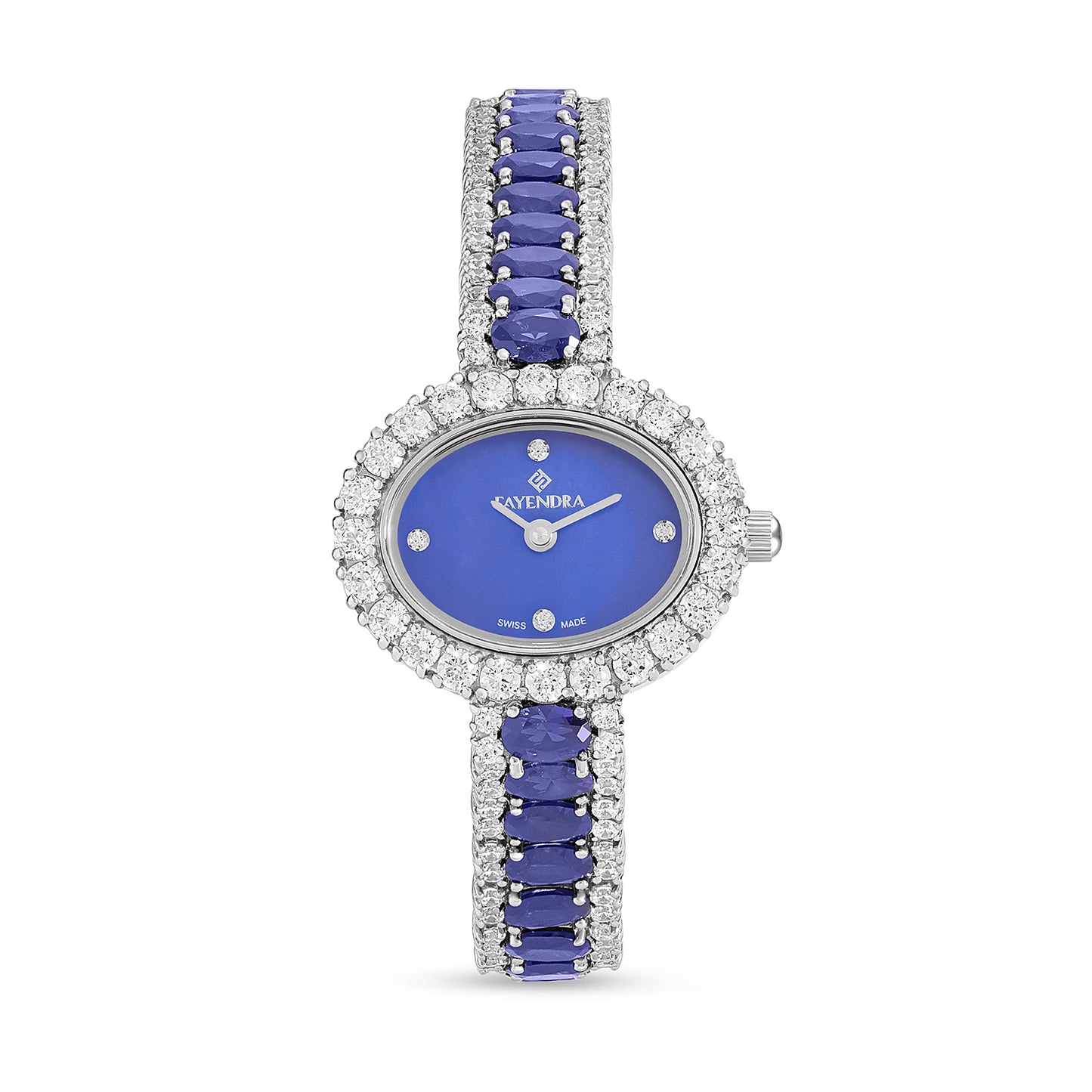 Stainless Steel 316L Watch Silver Color Embedded With Sapphire Corunساعة ستانلس ستيل عيار 316L بلون فضي مرصعة زفير كروندوم و فص ابيض - مينا حجر صدف ام اللالئ الأزرقdum And White Zircon - BLUE MOP DIAL