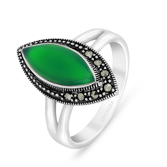 Sterling Silver 925 Ring Embedded With Natural Green Agate And Marcasite Stones