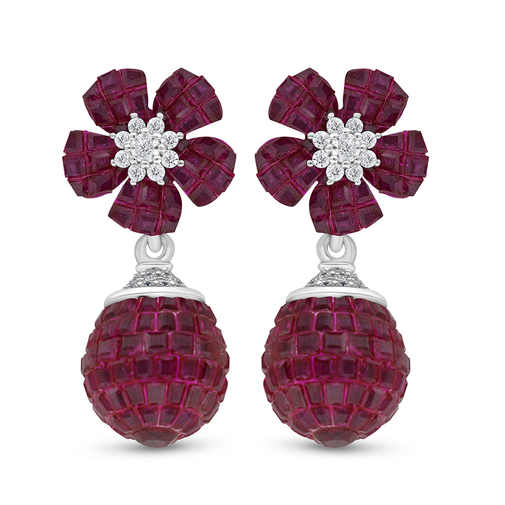 Sterling Silver 925 Earring Rhodium Plated Embedded With Ruby Corundum And White Zircon