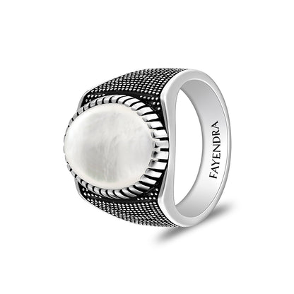 Sterling Silver 925 Ring Rhodium And Black Plated Embedded With Cabochon White Shell For Men
