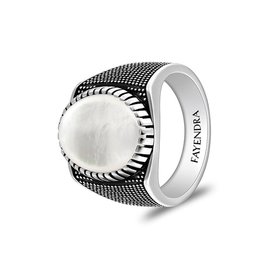 Sterling Silver 925 Ring Rhodium And Black Plated Embedded With Cabochon White Shell For Men