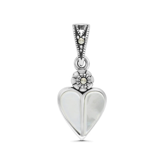 Sterling Silver 925 Pendant Embedded With Natural White Shell And Marcasite Stones