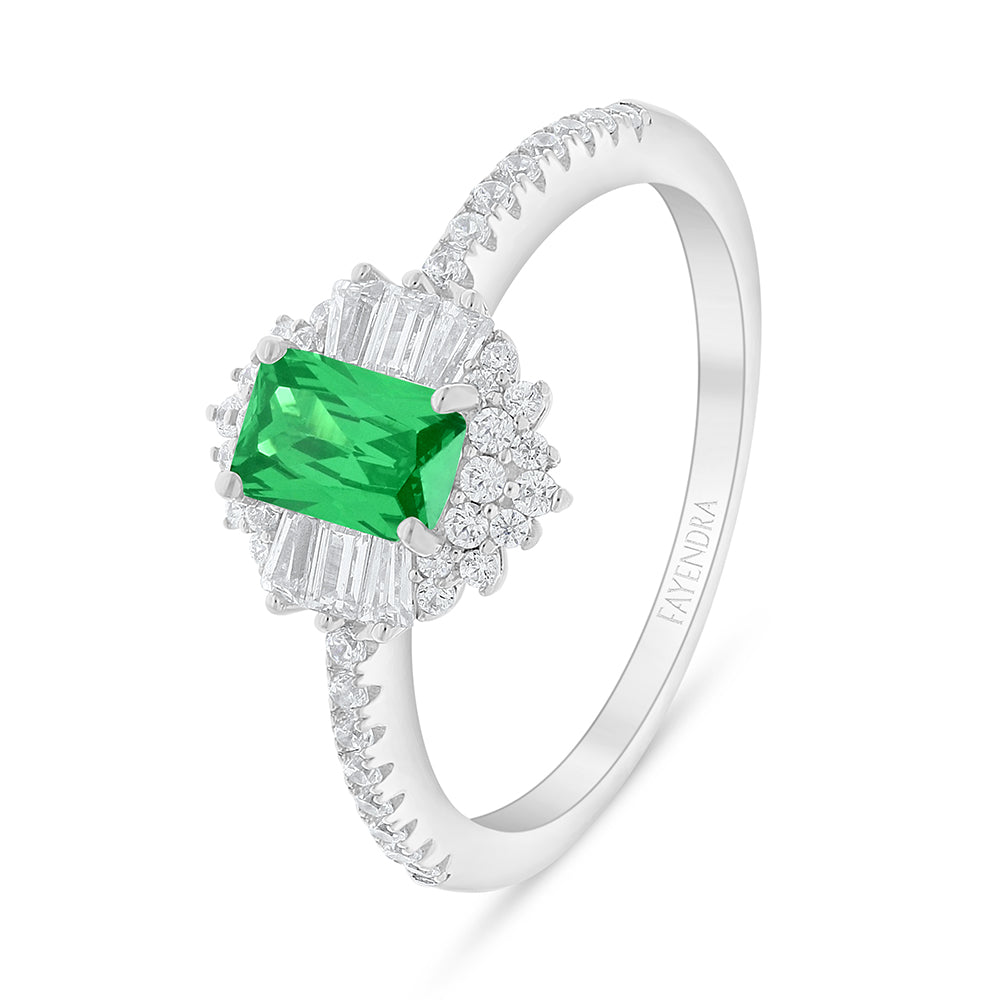 Sterling Silver 925 Ring Rhodium Plated Embedded With Emerald Zircon And White Zircon