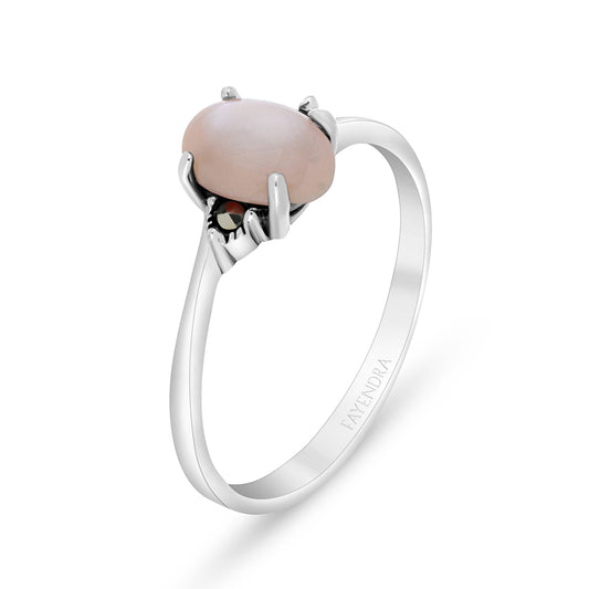 Sterling Silver 925 Ring Embedded With Natural Pink Shell And Marcasite Stones