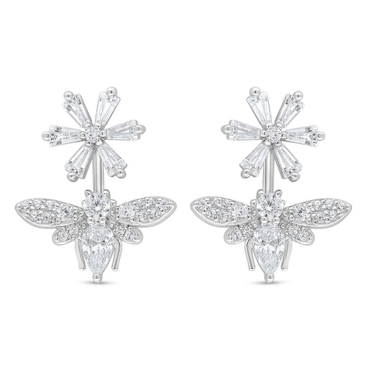 Sterling Silver 925 Earring Rhodium Plated Embedded With White Zircon