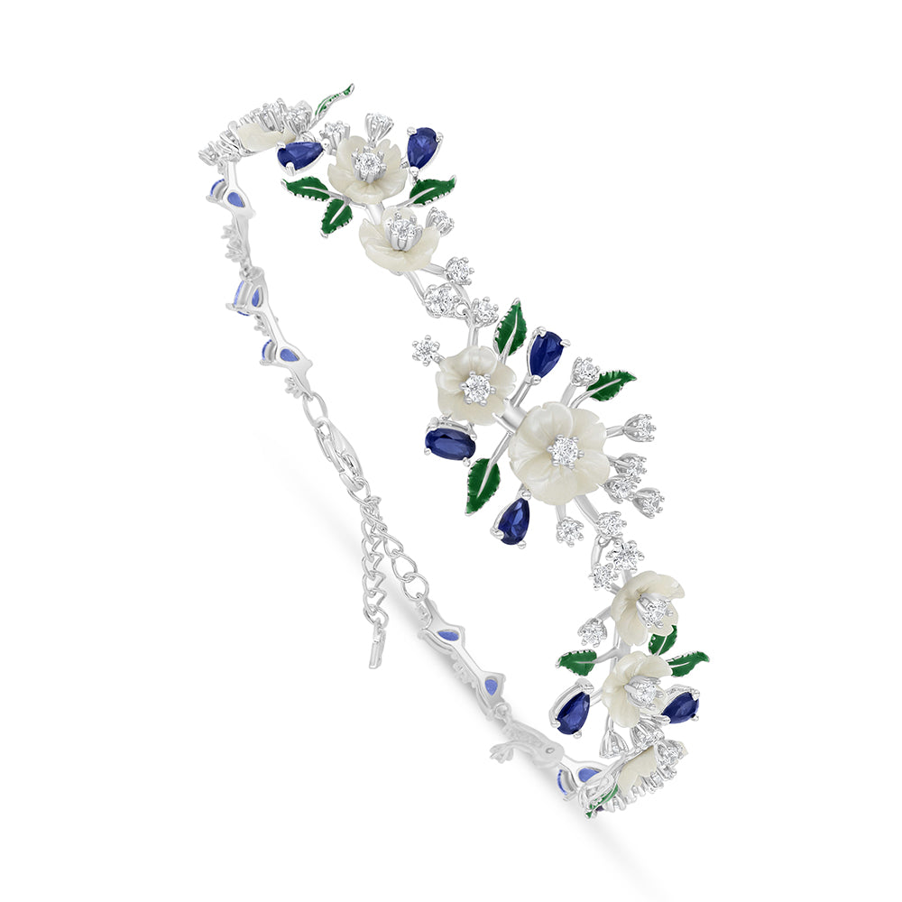 اسورة من الفضة الخالصة عيار 925 مطلية روديوم مرصعة صدف ابيض و زفير كروندوم