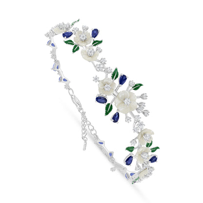 اسورة من الفضة الخالصة عيار 925 مطلية روديوم مرصعة صدف ابيض و زفير كروندوم