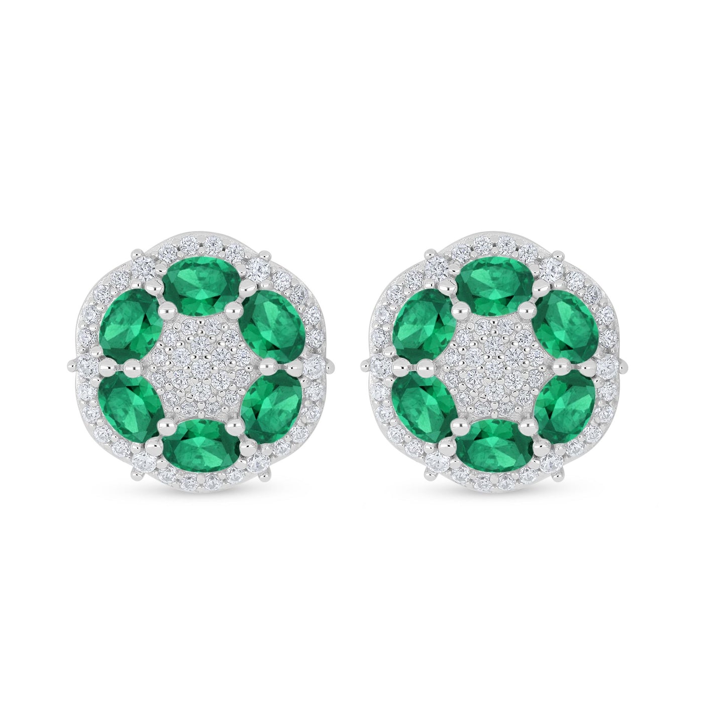 Sterling Silver 925 Earring Rhodium Plated Embedded With Emerald Zircon And White Zircon