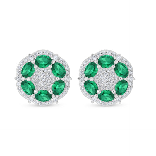 Sterling Silver 925 Earring Rhodium Plated Embedded With Emerald Zircon And White Zircon