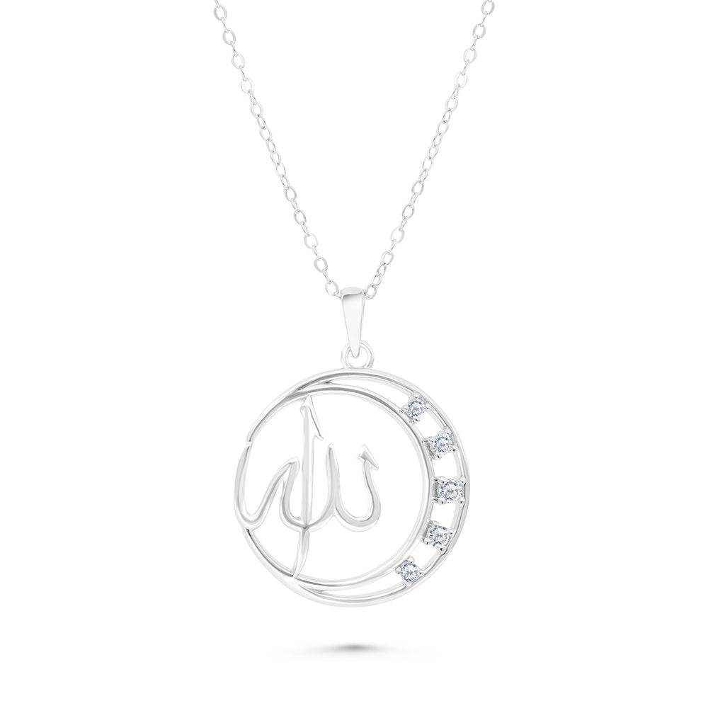 Sterling Silver 925 Necklace Rhodium Plated And White CZ - Allah Name