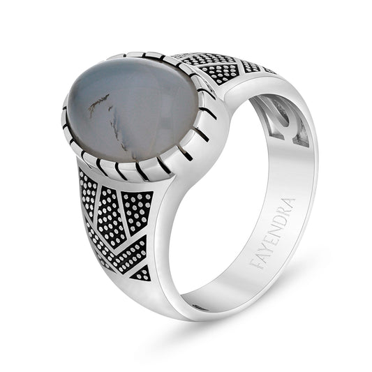 Sterling Silver 925 Ring Rhodium And Black Plated Embedded With Cabochon Natural Agate For Men