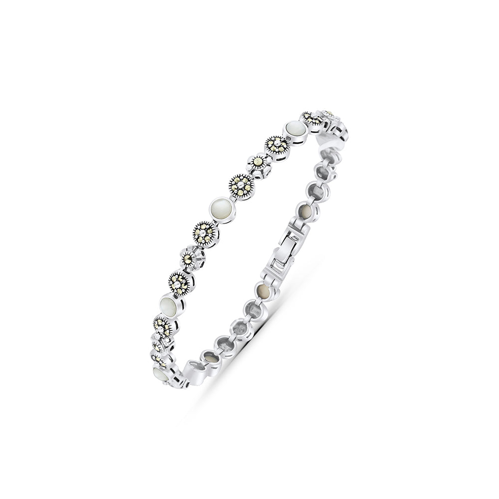Sterling Silver 925 Set Embedded With Natural White Shell And Marcasite Stones