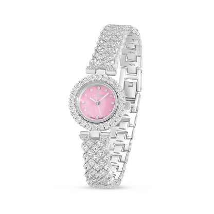 Stainless Steel 316L Watch Silver Color Embedded With White Zircon - PINK MOP DIAL