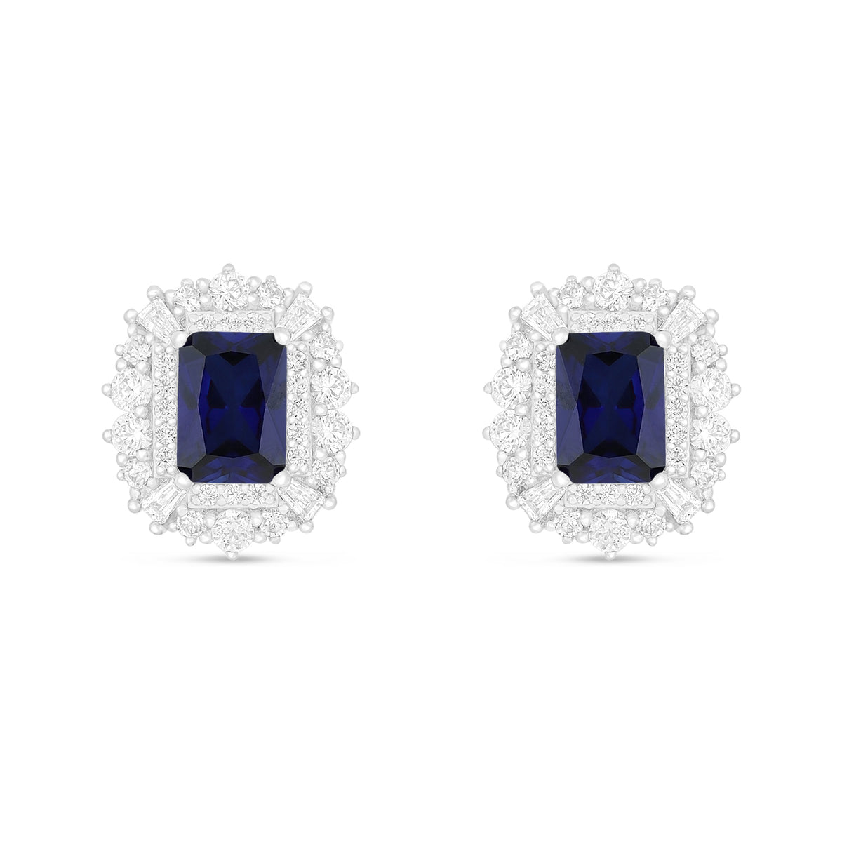 Sterling Silver 925 Earring Rhodium Plated Embedded With Sapphire Corundum And White Zircon