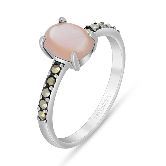 Sterling Silver 925 Ring Embedded With Natural Pink Shell And Marcasite Stones
