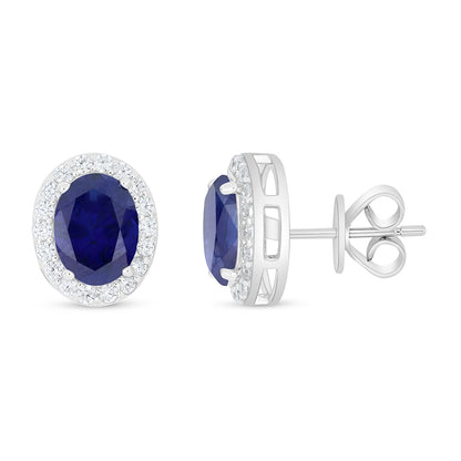 Sterling Silver 925 Earring Rhodium Plated Embedded With Sapphire Corundum And White Zircon