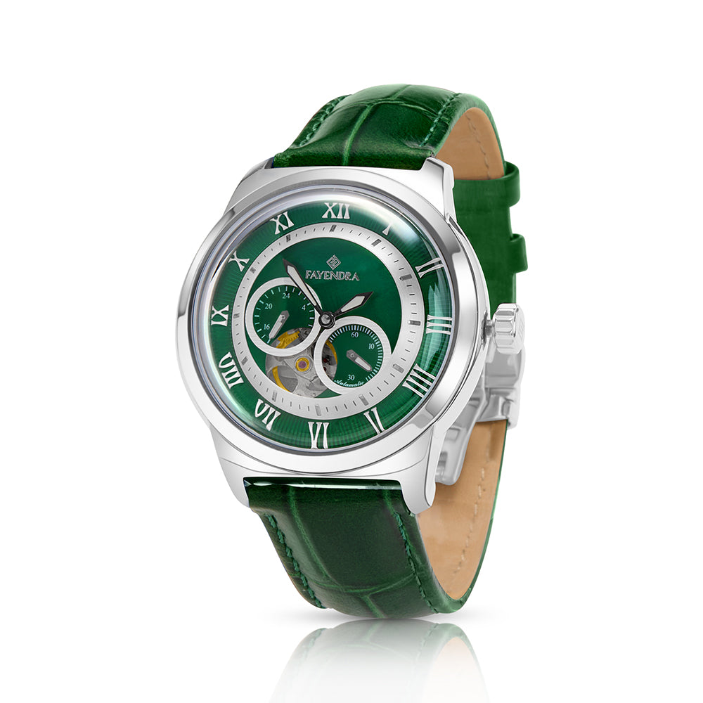 Stainless Steel 316L Watch Silver ColorGreen Leather For Men - GREEN MOP DIAL