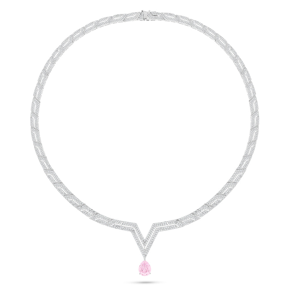 Sterling Silver 925 Necklace Rhodium Plated Embedded With Pink Zircon And White Zircon