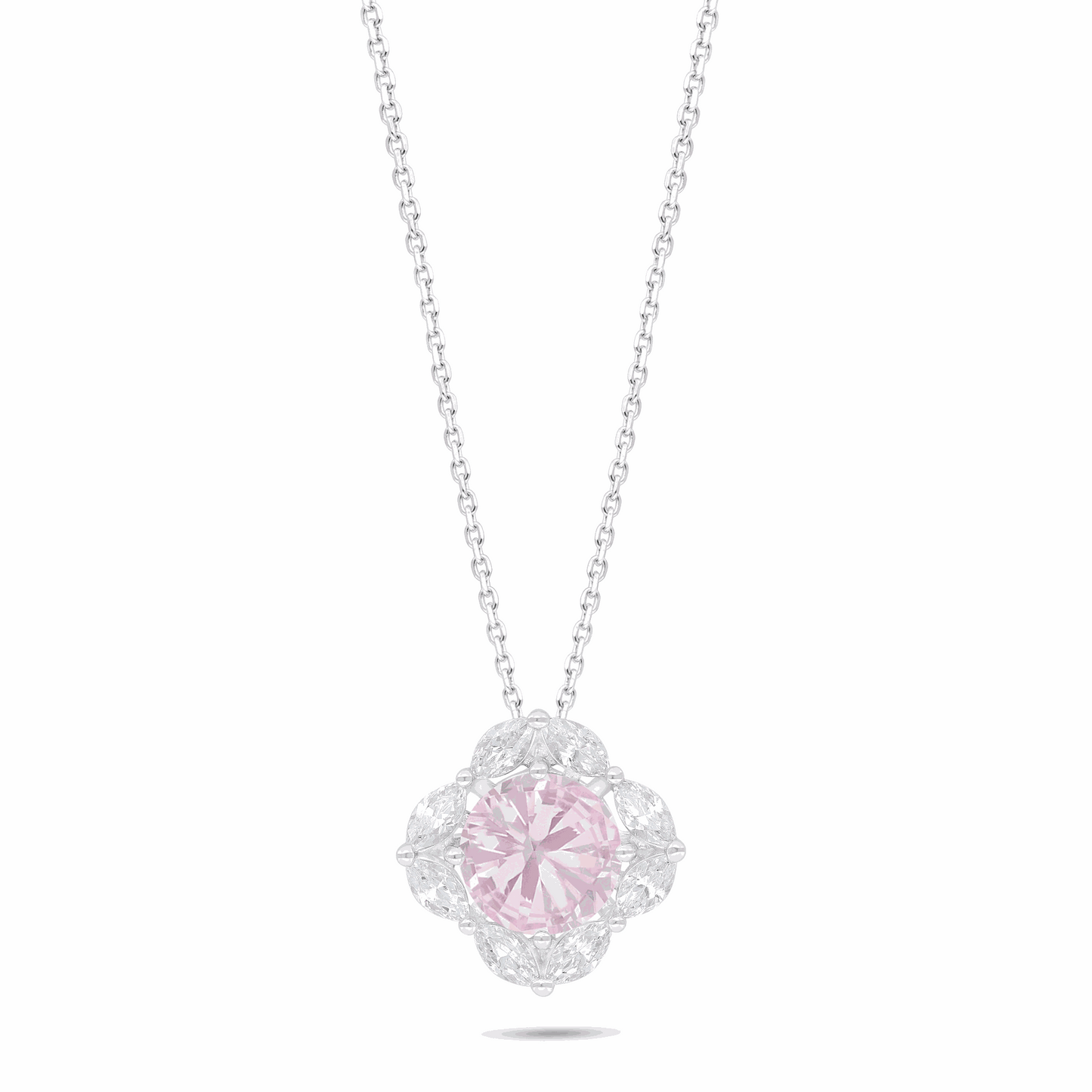 Sterling Silver 925 Necklace Rhodium Plated Embedded With Pink Zircon And White Zircon